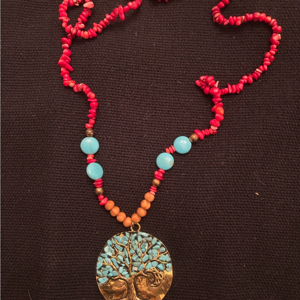 Tree of Life Red and Turquoise Necklace